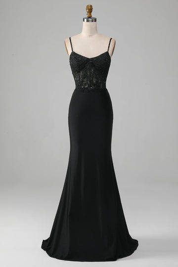 Vestido de fiesta con corsé de tirantes de espagueti de sirena negro con apliques